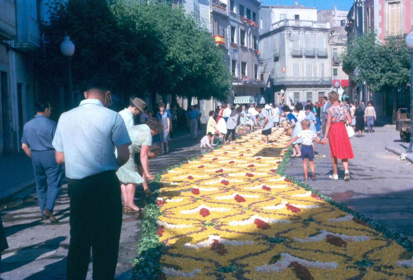 Catifa de flors de Corpus a la placeta de Sant Joan, 1962. AMSFG. Fons família Martí (Autor desconegut)