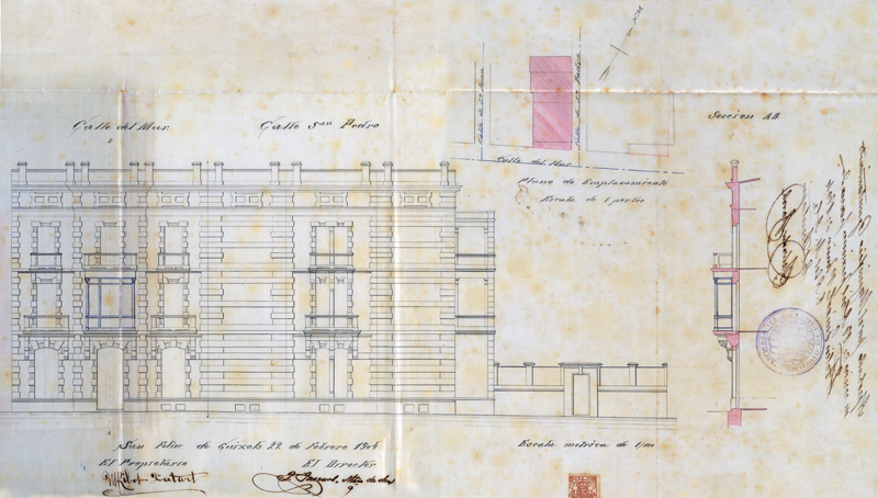 Plànol de la façana de la casa Ribot, 1904. Arxiu Municipal de Sant Feliu de Guíxols.